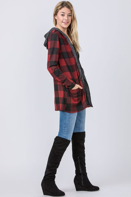 Plaid Checker Print Cardigan with Hoodie